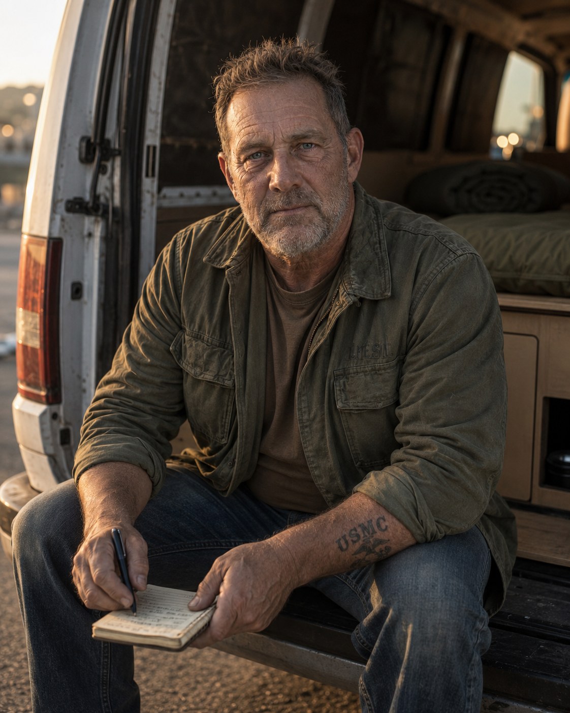 Ray Calloway with his cargo van, cardboard stack in the back