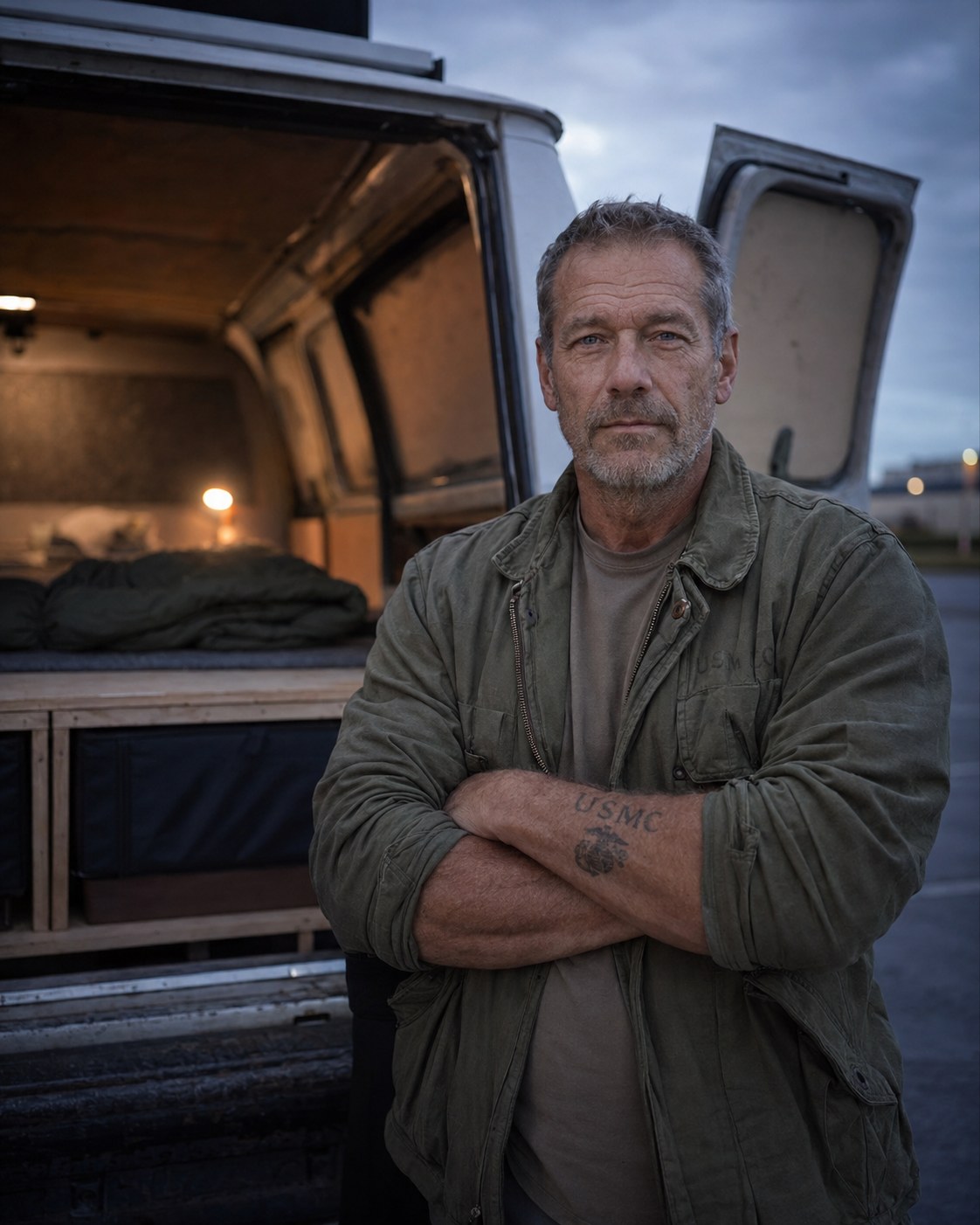 Ray Calloway, Marine veteran, beside his white cargo van at dusk